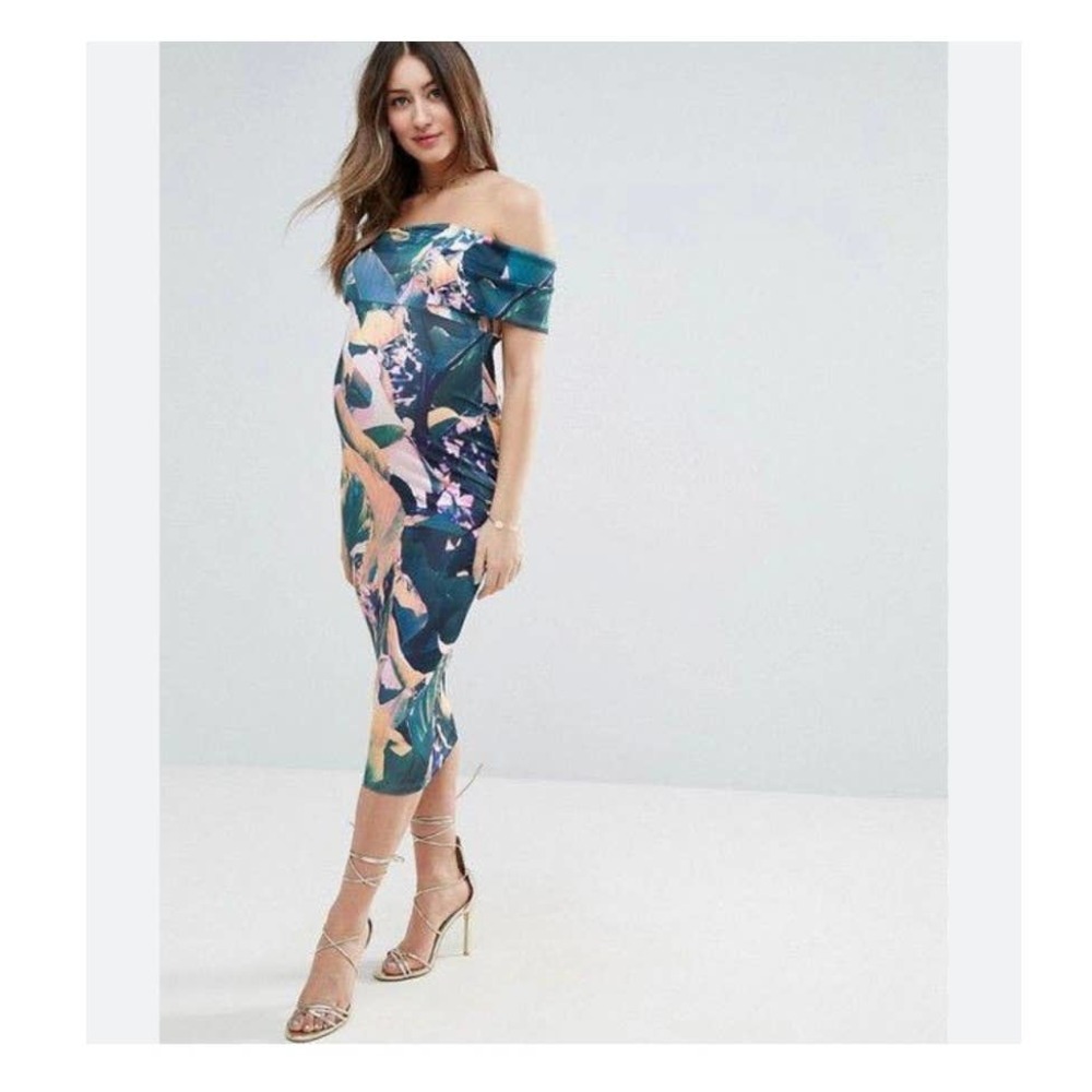 NWT ASOS Maternity Tropical Watercolor Off the Shoulder Dress Size 12